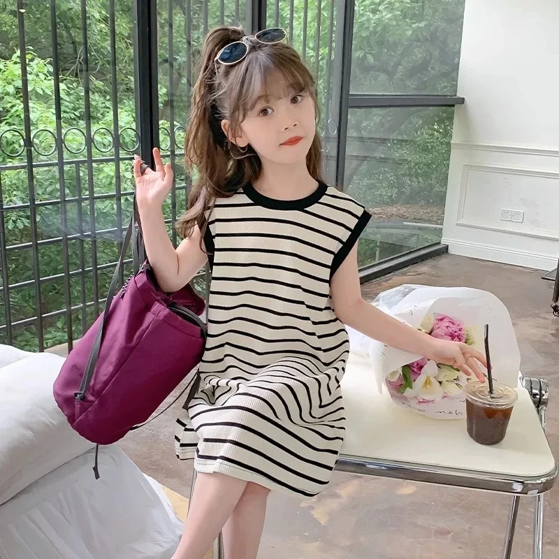 女童连衣裙夏季纯棉韩版新款时尚小女孩条纹t裙儿童洋气圆领裙子