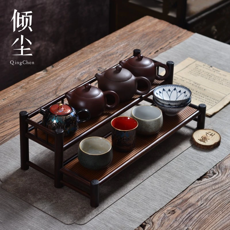静定 谈笑双层阶梯杯架 老楠竹席面壶架  榫卯茶具收纳架 简约茶