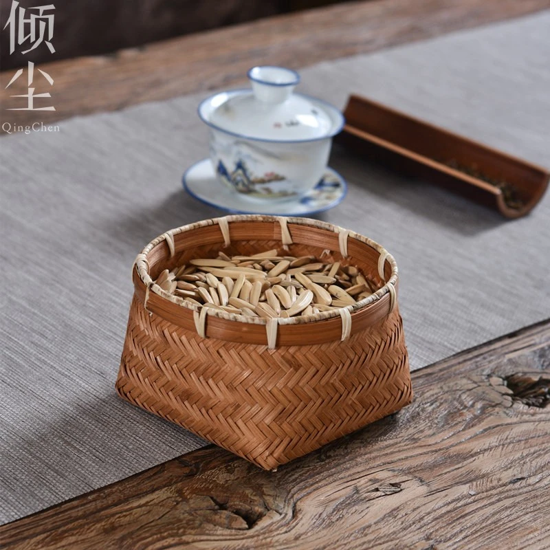 静定 【茶色点点】纯手工竹编小筐 茶点糖果篮小竹篮 复古茶点盘零