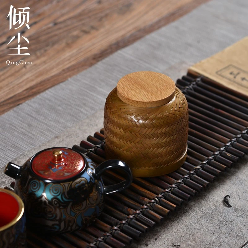 静定 篾编迷你茶叶罐 竹编陶瓷内胎密封茶仓 非遗手工艺品瓷胎便