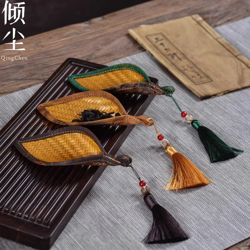 香云纱茶则 手工大漆竹编小茶则 迷你仿古茶铲簸箕型赏茶荷