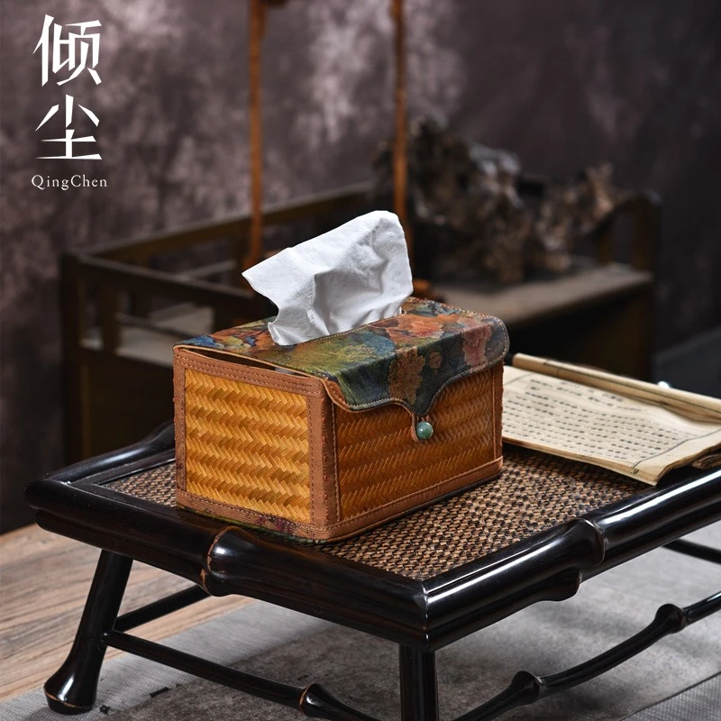 美 香云纱古风竹编纸巾盒 复古餐巾纸盒 纸巾套 纸抽中式茶