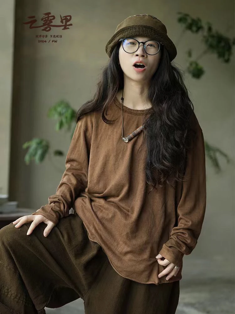 云雾里 原创设计3103复古文艺休闲亲肤棉麻长袖针织T