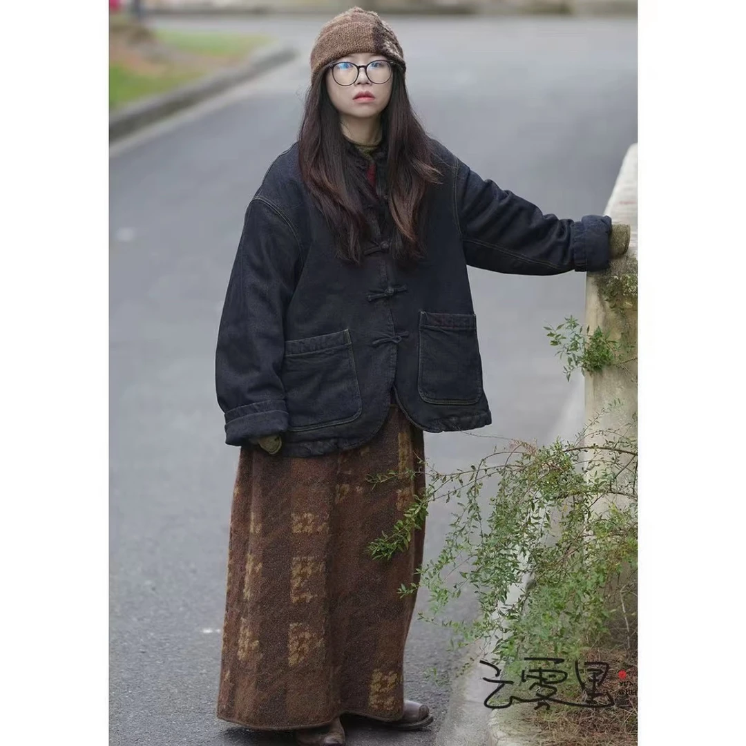 云雾里 1093#原创设计复古文艺宽松新中式盘扣牛仔棉服