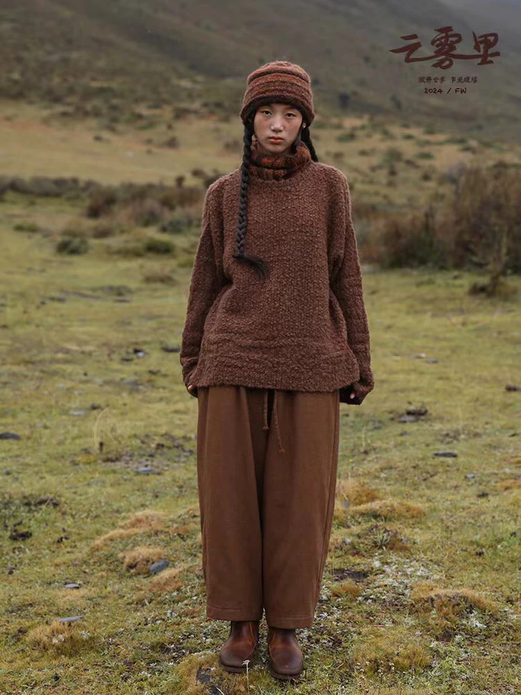 云雾里 原创设计3204复古文艺浪漫舒适羊毛混纺针织套头上衣