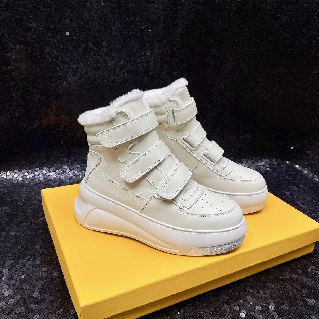 时尚魔术贴短靴2024女士休闲鞋冬季加绒加厚6cm厚底高帮鞋女