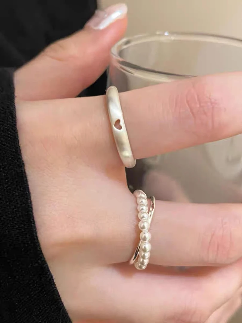 铜合金戒指 韩系ins爱心镂空戒指女双层叠戴调节食指戒小众设计感