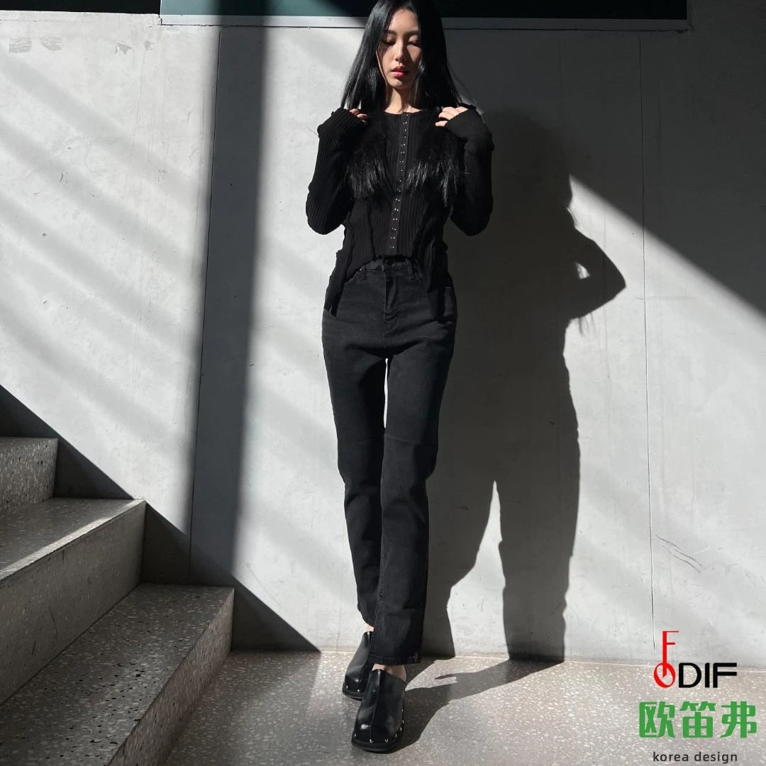 韩国正品东大门牛仔裤显瘦休闲百搭直筒时尚高腰开叉高贵黑色7344