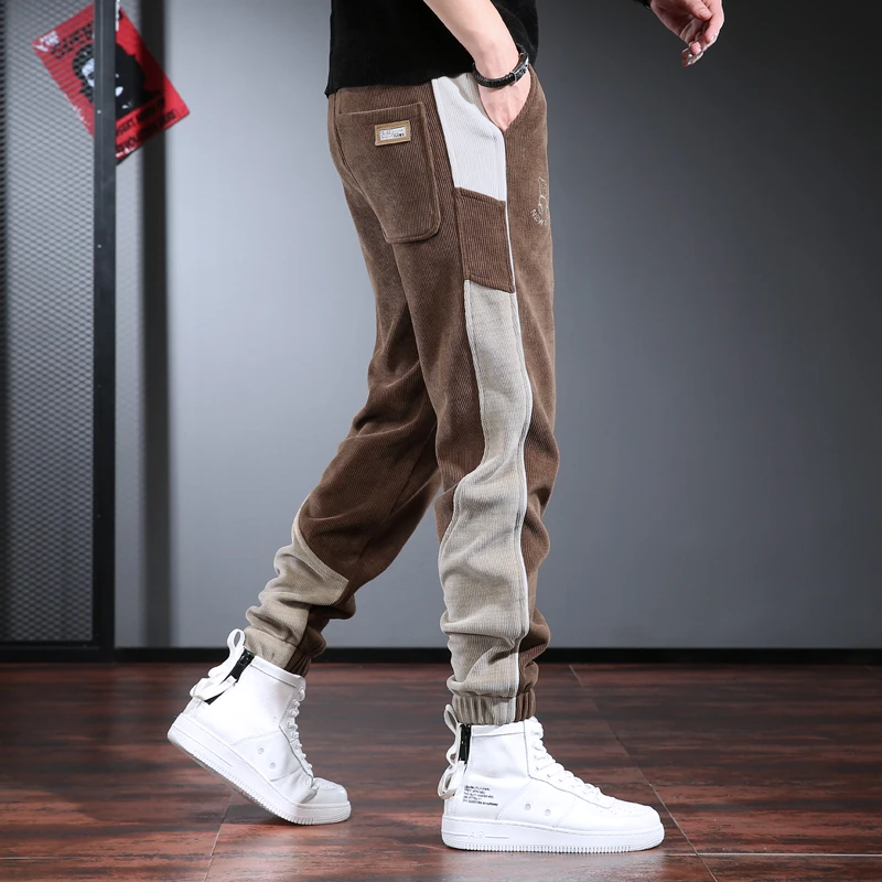 重磅卫裤男潮牌撞边休闲裤棕色秋冬厚款个性靓彩雪尼尔裤子男痞帅