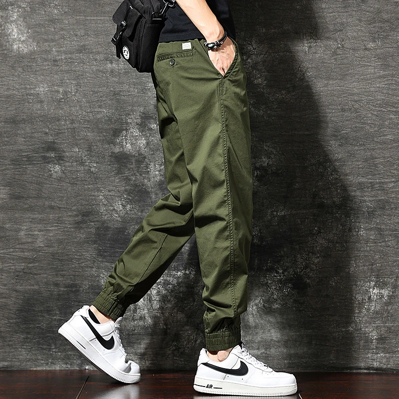 秋冬新款束脚工装休闲长裤男日系复古军绿色时尚运动宽松哈伦裤子