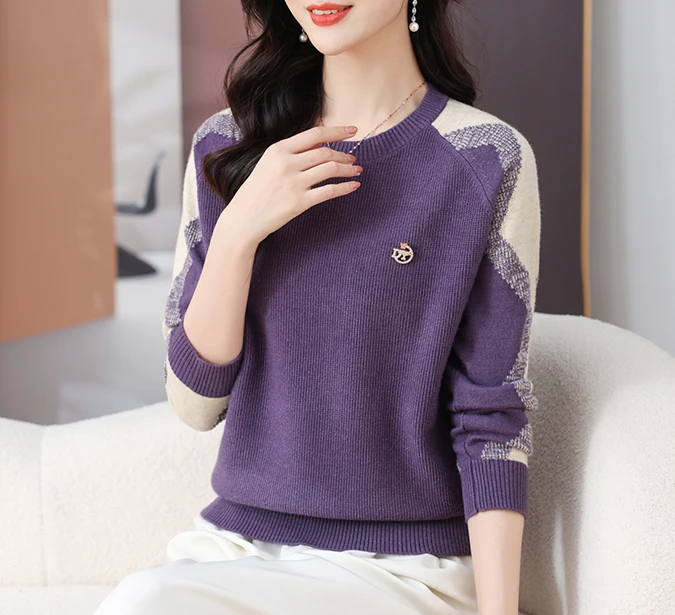 新款秋装撞色圆领针织百搭时尚洋气套头气质宽松毛衣0001