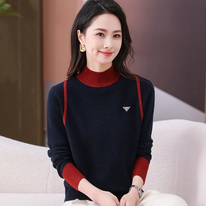 加厚新款重工烫钻半高领长袖撞色百搭时尚秋冬气质宽松毛衣H6807
