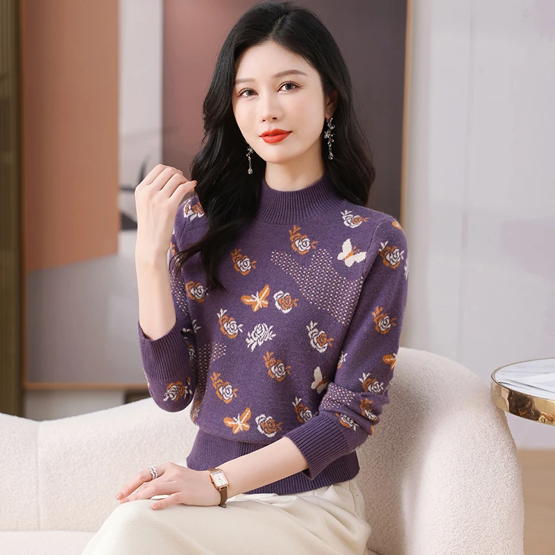 2024新款冬装半高领提花圆领针织百搭时尚套头气质宽松毛衣H015