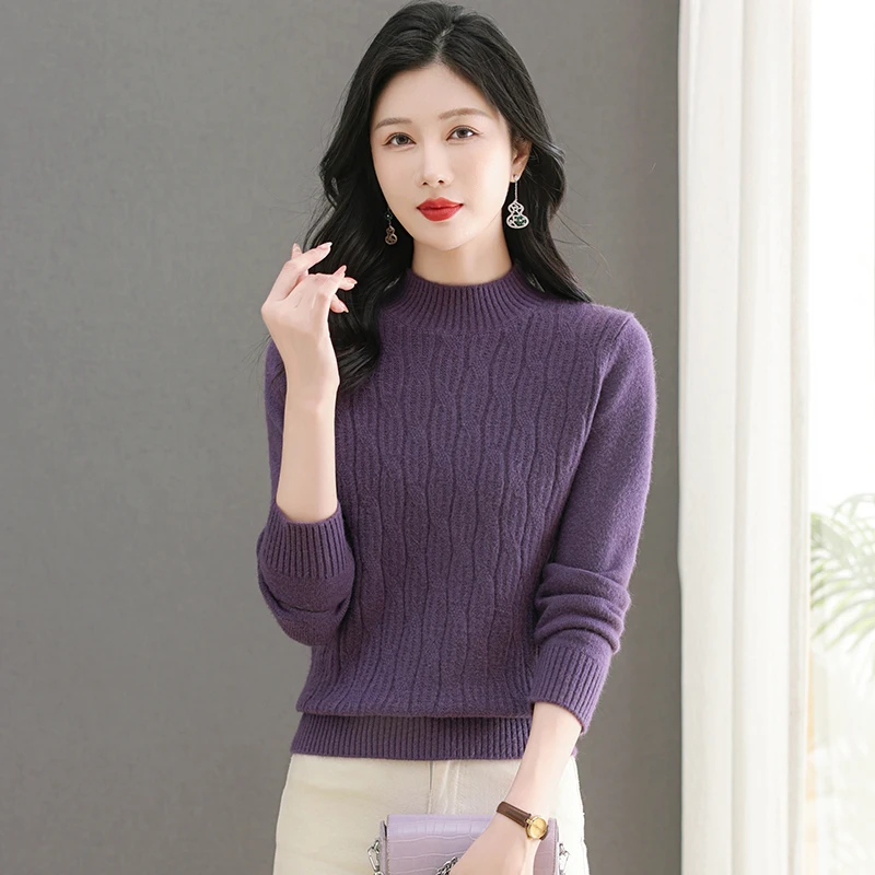 新款冬款半高纯色重工麻花时尚百搭套头宽松保暖毛衣f6381