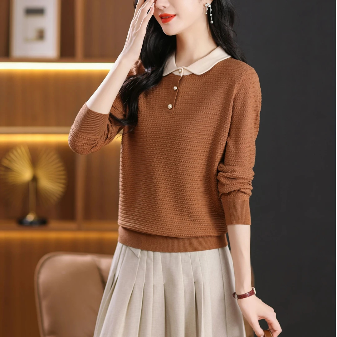 新款针织百搭翻领长袖减龄套头时尚气质宽松显瘦秋冬妈妈衫6318