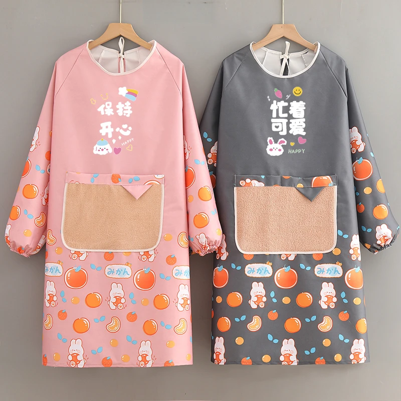 网红防水防油长袖加长围裙罩衣女加肥加大家用厨房过膝工作服男士