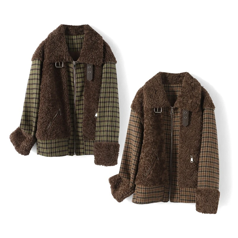 29044【画系列】羊羔绒拼格子毛呢外套22N5061