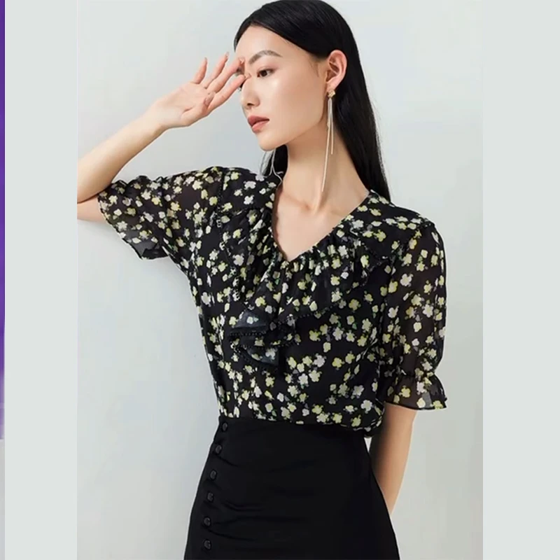 36058【S系列】荷叶边领碎花复古雪纺衬衫33A14003