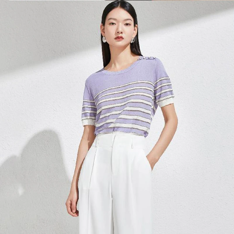 350209【袖系列】条纹显瘦冰丝针织衫23SU04B05555