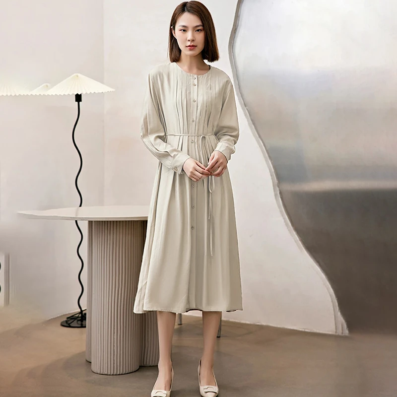 34105【觅系列】纯色收腰连衣裙