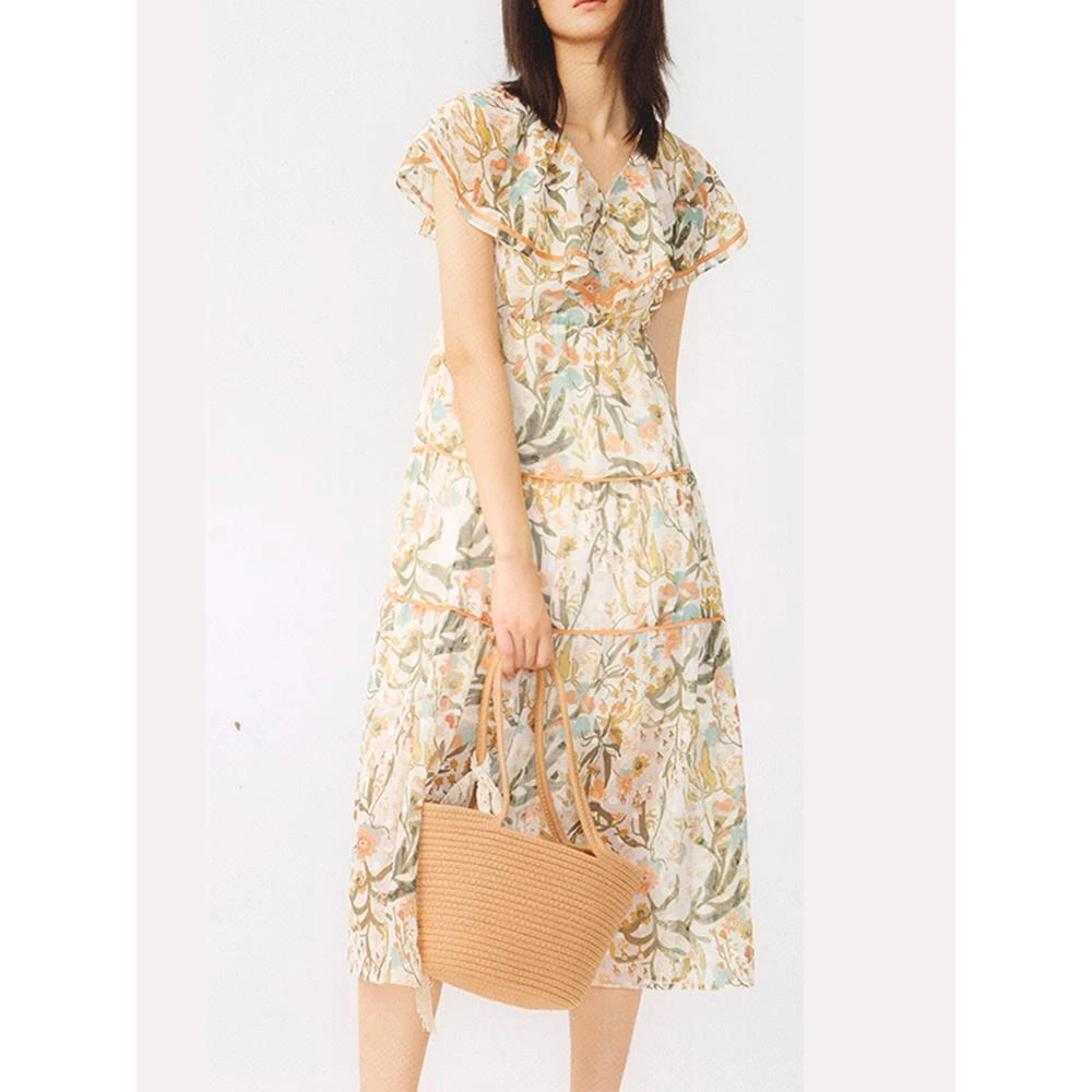 24439【MU系列】碎花V领褶皱收腰连衣裙22252611L1