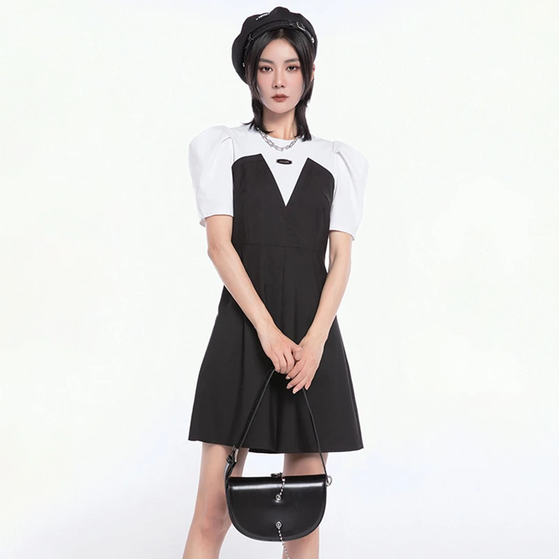 35066【B系列】拼接假两件圆领连衣裙B3DD23040