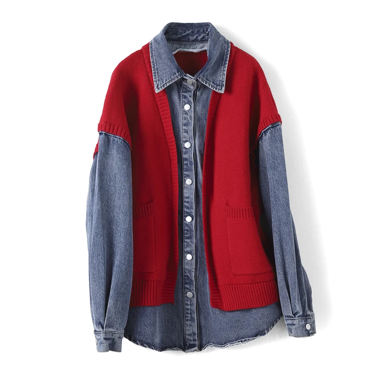 27244【唯T】休闲毛衣拼接牛仔外套VT8881