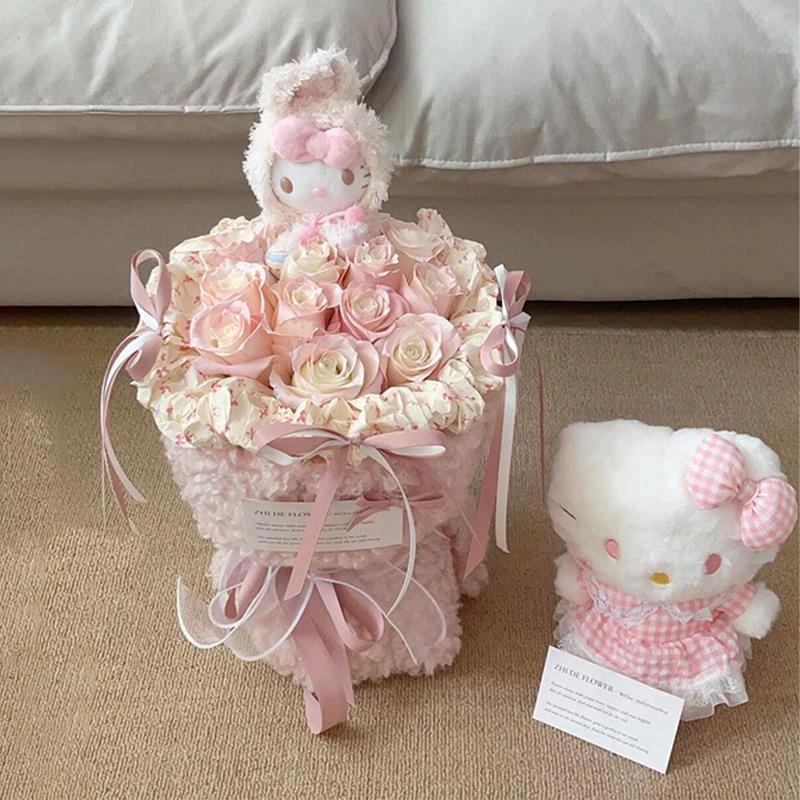 三丽鸥玩偶HelloKitty仿真玫瑰花束成品生日送闺蜜女朋友七夕礼物