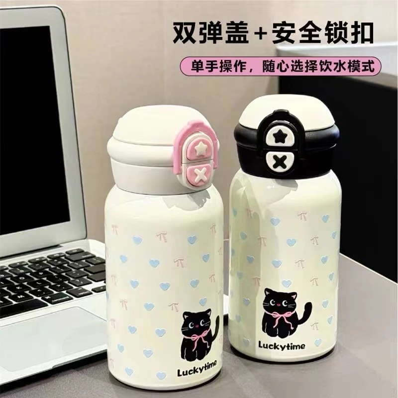 小猫双饮保温杯316不锈钢高颜值女生学生水杯可爱大容量保温杯