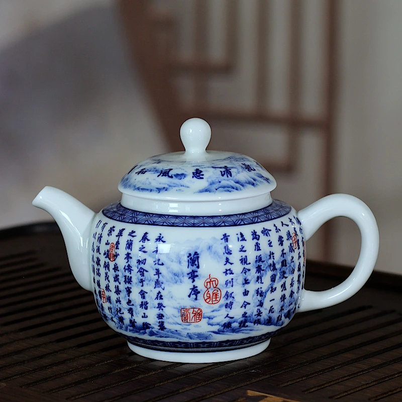 【茶壶】景德镇高端手工茶具陶瓷白瓷青花兰亭序龙纹三才盖碗家用