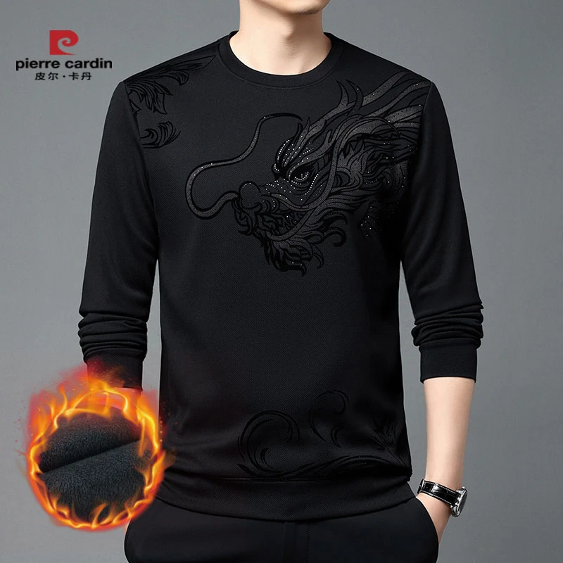皮尔卡丹冬季2024龙年大吉长袖男士加绒加厚烫钻圆领卫衣打底衫潮