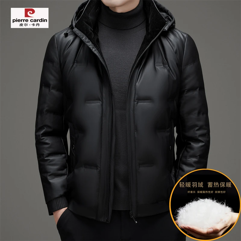 国际大牌皮尔卡丹男士连帽皮羽绒外套冬季新款保暖高档真皮上衣潮