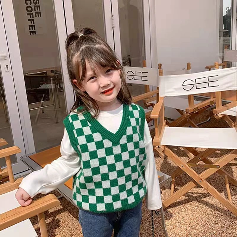 棋盘格马甲儿童毛线马甲2023冬装新款女童洋气背心亲子装毛衣上衣