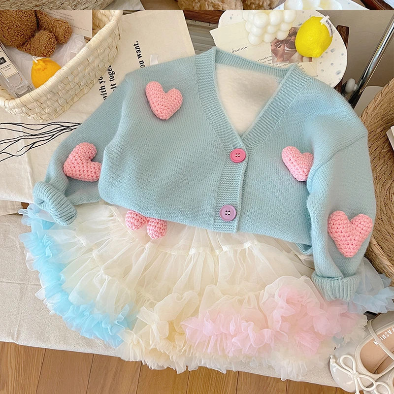 女童秋装开衫毛衣2025新款女宝宝爱心针织毛衣线外套儿童洋气上衣
