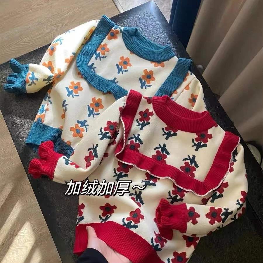 宝妈福利！儿童秋冬加绒加厚保暖木耳边洋气红色圆领毛衣女童上衣