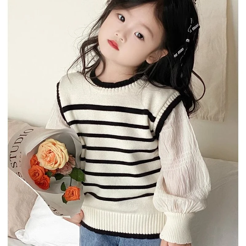 女童春秋针织衫假两件洋气条纹上衣公主风百搭