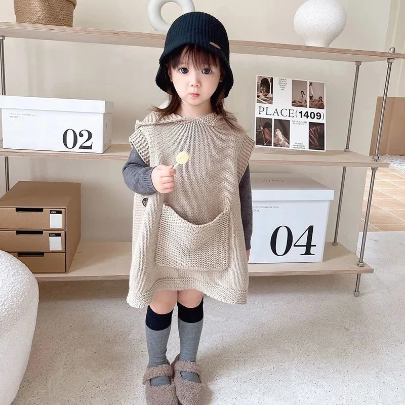 童装女童马甲春季新款洋气大口袋小众连帽针织宝宝儿童毛衣马甲