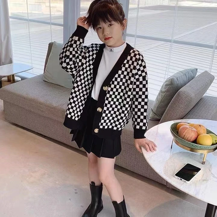 童装女童针织开衫毛衣春装2025新款时髦格子外套洋气儿童长袖春秋