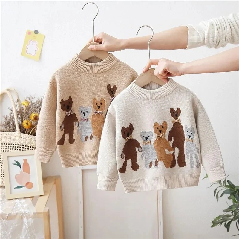 幼儿童毛衣冬装加绒加厚小熊圆领男女童小孩针织衫内搭宝宝保暖衣