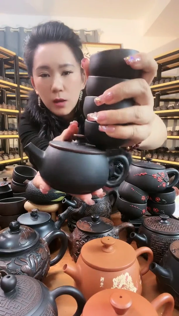 【闪购商品】陶瓷壶无礼盒网孔可提转肌理纹素面汉瓦+4素杯