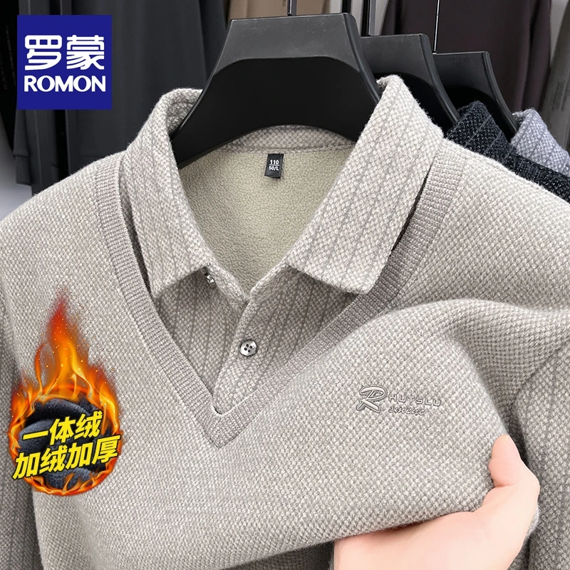罗蒙冬季中年假两件毛衣男衬衫领打底衫加绒加厚保暖男士针织衫