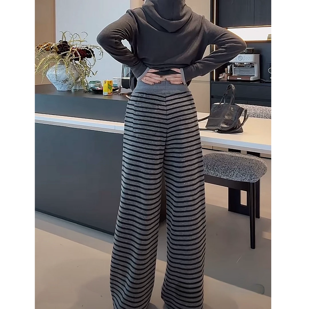 设计感条纹加绒加厚拖地长裤女秋冬2024新款保暖高级感宽松休闲裤