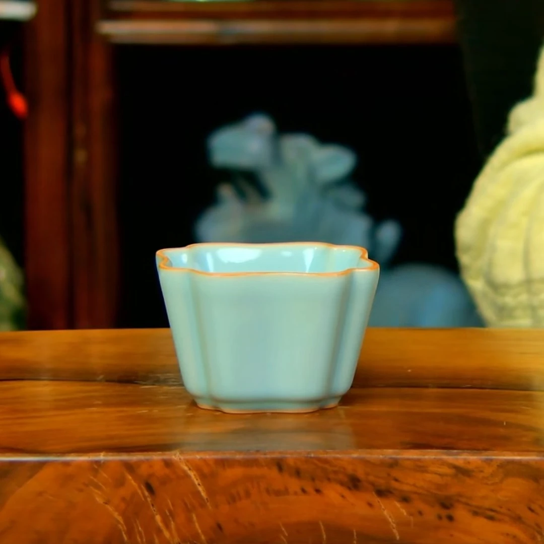 甄泽堂•四方杯原矿玛瑙釉天青色四方主人杯陶瓷茶杯中式