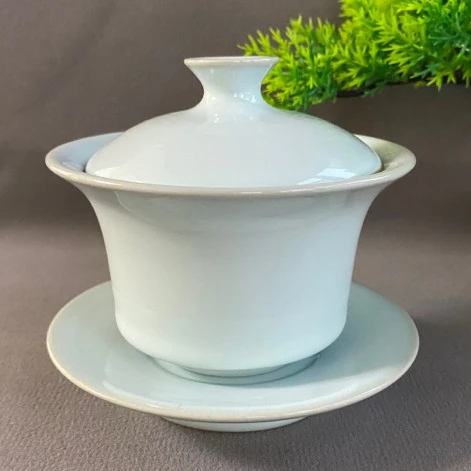 甄品·月白釉全手手工支钉烧三才盖碗（希奎奎手签）汝窑陶瓷手绘