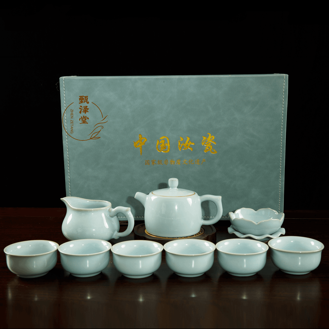 甄泽堂·原矿天青釉手工井栏壶壶套装（郗奎奎）礼盒装汝窑茶具套装