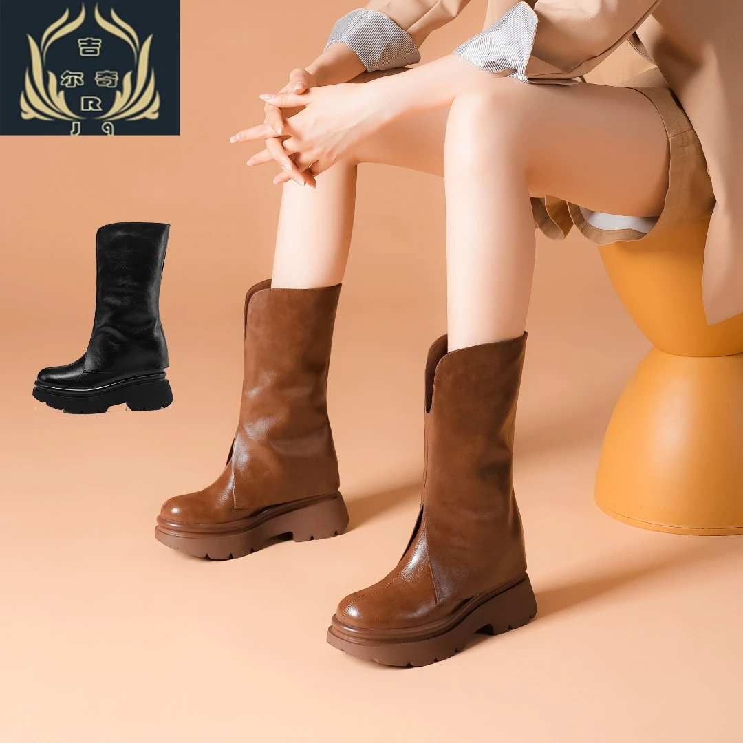 2023秋冬新款10cm厚底库管靴真皮中筒休闲复古短靴小个子马丁靴女