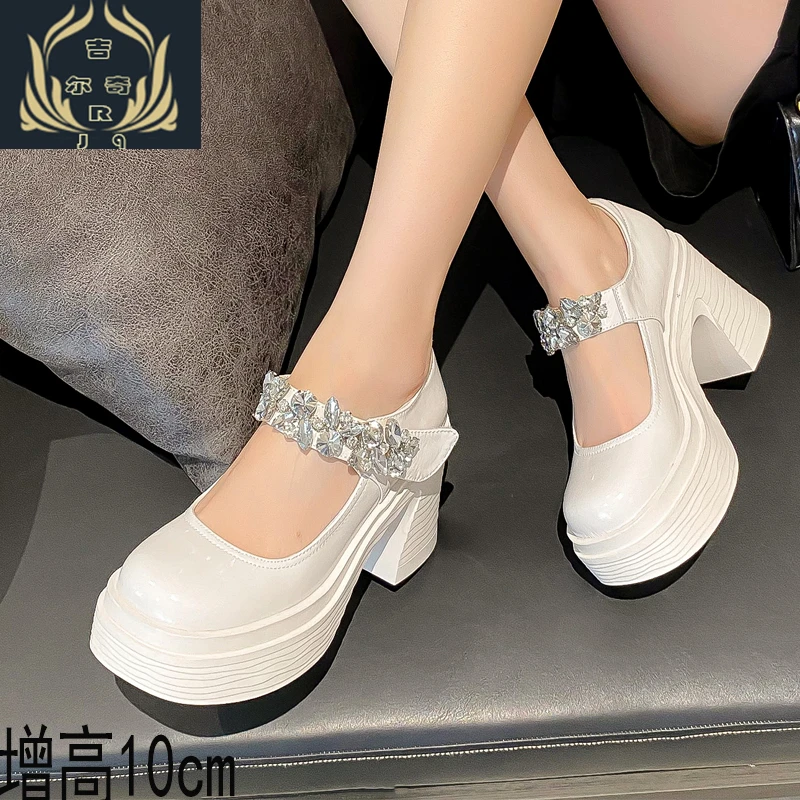 2023春夏季10cm粗跟小个子厚底增高高跟单鞋女欧美水晶装饰小白鞋