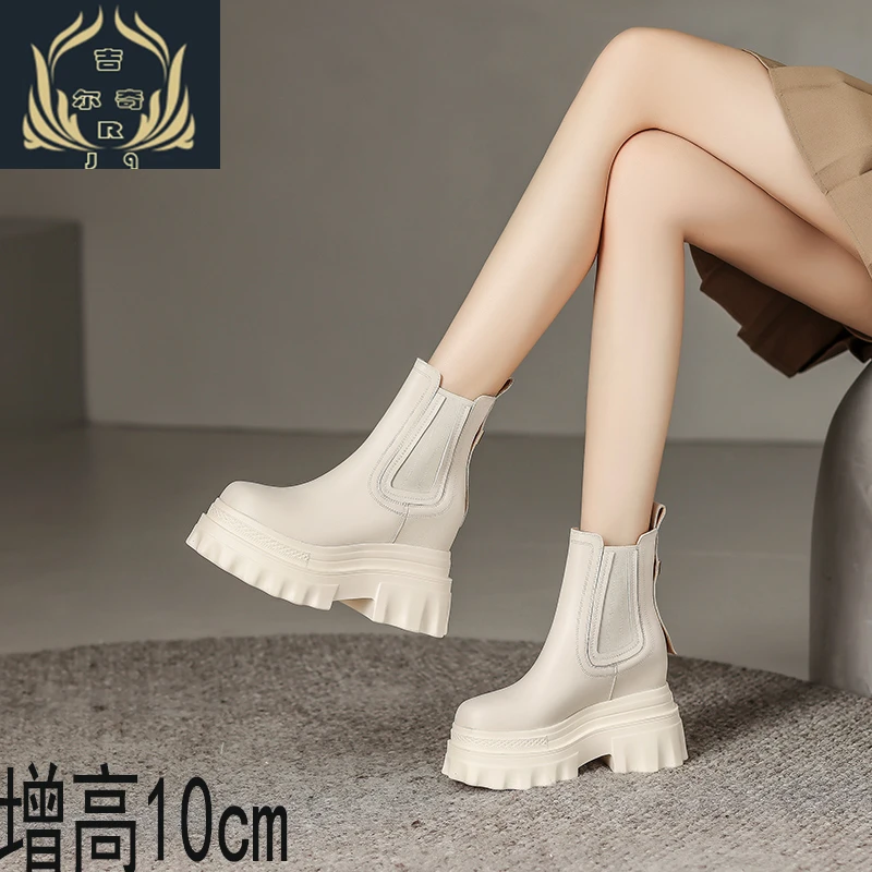 时尚百搭10cm真皮内增高短筒秋冬新款马丁靴女2023韩版小个子短靴
