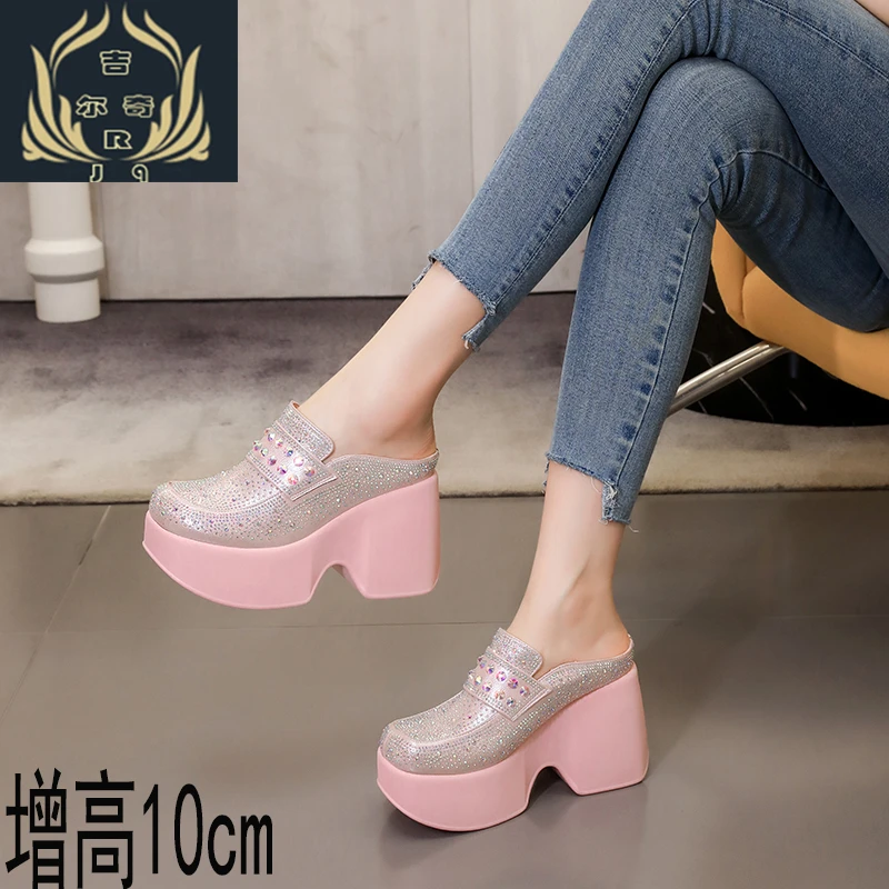 2024春夏季新款10cm粗跟包头拖鞋女水钻装饰轻便秀气外穿增高凉拖