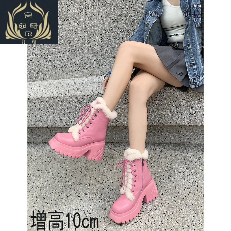 2023冬季新款粗跟10cm加绒加厚雪地靴女皮毛一体增高棉鞋真皮棉靴